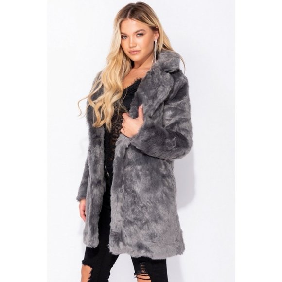 Gray Faux Fur Long Sleeve Collared Midi Coat - Picture 7 of 15
